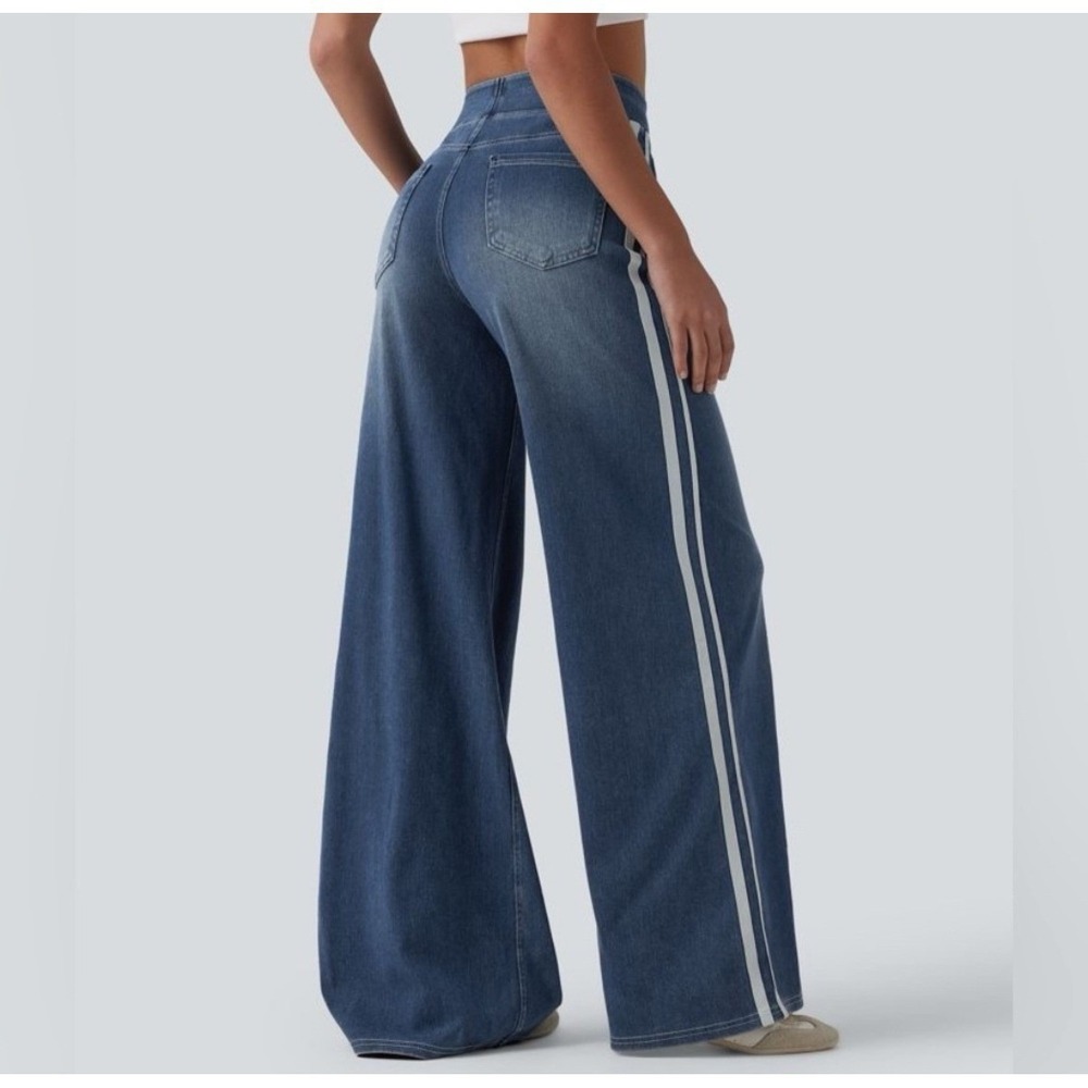 NWOT Halara Flex Womens High Waisted Stripe Wide‎ Leg Flowy Jeans L Pockets - Picture 3 of 13